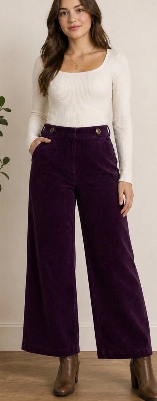 TALBOTS Purple Corduroy High Rise Wide Leg Pants — Button Waist Detail | Size 8